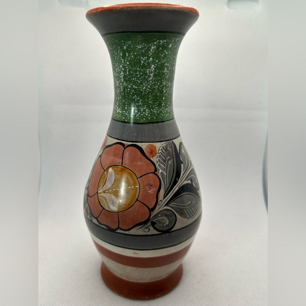 Tonala Vase Handcrafted Multicolor Green Orange Floral Ceramic Pottery
